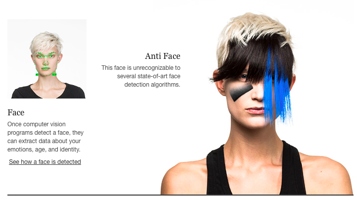 CV Dazzle is a design scheme including makeup and hair specifically designed to fool facial recognition software into not detecting a human face. 